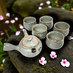 Vintage Japanese Somayaki Soma Ware Tea Set 6pc Green Crackle Golden Horse